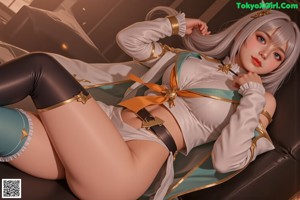 A woman in a white and blue outfit laying on a couch.