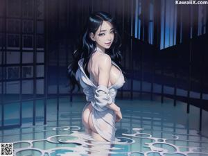 A woman in a white dress standing in a pool of water.